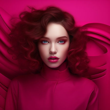 female with dark hair and a pink dress stands against a photorealistic surrealism style pink background. the futuristic chromatic waves in dark red and red, by artist nikita veprikov, create an intense gaze. the vibrant colorist close-up captures the surreal and vibrant essence of the artwork. ai generatedの素材