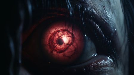 an eye with a glowing red eyeball, rendered in the style of unreal engine, featuring exaggerated anatomy. this close-up shot captures the essence of firecore and embraces the aesthetics of mori kei and lovecraftian themes. the image exudes a sense of gritty realism, captivating viewers with its intense and otherworldly allure. ai generatedの素材
