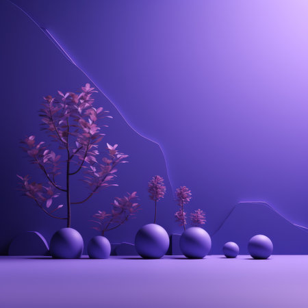 blue flowers and balls on a purple background create a surreal 3d landscape with monochromatic and minimalistic compositions. the ethereal trees and matte photo style add to the minimalist stage design, while the crystalline and geological forms enhance the overall aesthetic. ai generatedの素材