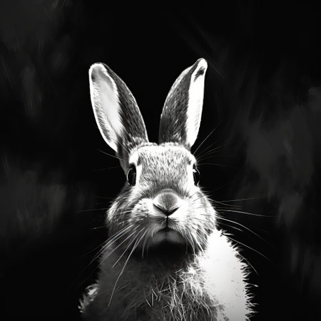 black rabbit with wide eyes staring at the camera, captured in a high-quality photo with a digital art style. the image features a mix of light black and white tones, resembling a realist painter's brushstroke-intensive portrait. ai generatedの素材