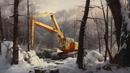 crane perched in a wintry birch tree forest, surrounded by snow-covered ground, tall grass, and rocks. the hyper-detailed image, with dark-yellow, black, dark-red, and grey-brown tones, captures cinematic lighting and raking light. this evocative scene, reminiscent of works by donato giancola, anders zorn, giovanni battista tiepolo, and ansel adams, exudes a wet, atmospheric ambiance. ai generatedの素材