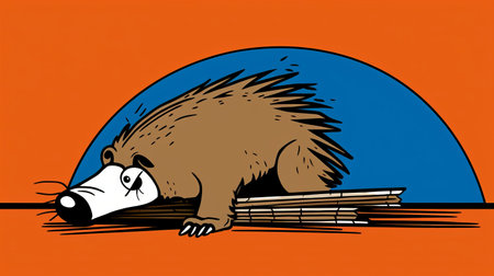 hedgehog with newspaper, bold cartoonish lines, dark orange and blue colors, ratcore style, linear perspective, blown-off-roof perspective, spiky mounds, flickr. ai generatedの素材