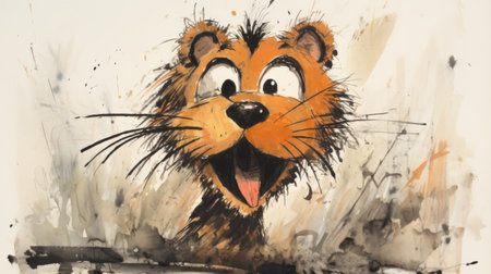 a cartoon cat in watercolours on a wall, showcasing the rough-edged 2d animation style reminiscent of oleksandr bogomazov, craig mccracken, and ivanovich pimenov. this delightful animalier artwork captures expressive characterizations, featuring a manticore as the central subject. ai generatedの素材
