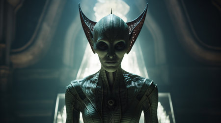 alien with detailed facial features standing in a dark room, captured with a sony fe 35mm f/1.4 za lens. the dark silver and light emerald color scheme adds a sleek and stylized look to the image. the goblin academia and blink-and-you-miss-it detail create an intriguing atmosphere reminiscent of the kushan empire. ai generatedの素材