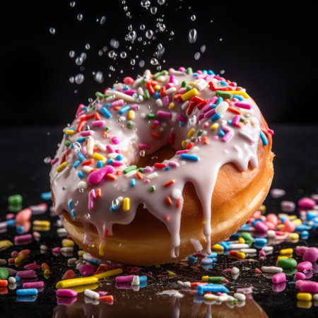 a vibrant rainbow-inspired donut with colorful sprinkles, showcasing the artistry of chemical reactions. this unique treat embodies unapologetic grit and captures attention with its vandalizing publicity. the long exposure technique enhances the dark cyan and white hues, while the cranberrycore adds a burst of flavor. iso 200 ensures a perfect shot of this eye-catching masterpiece. ai generatedの素材