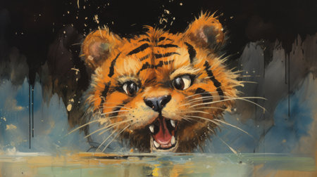 cartoon tiger gazing upwards in a post-impressionist artwork, featuring pulled, scraped, and scratched elements. this unconventional piece showcases meditative poses, spiky mounds, and twisted characters reminiscent of the 1970s. the composition exudes a sense of soggy charm. ai generatedの素材