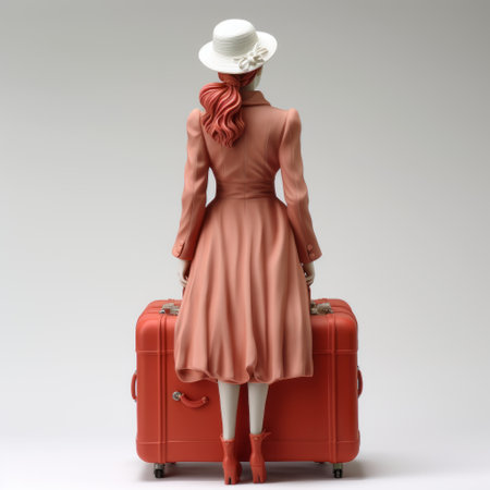 a woman holds a red suitcase with a hat on it, in the style of realistic sculptures by kazuki takamatsu. the image exudes classic elegance with its light beige and orange tones, reminiscent of patty maher's elegant clothing. this travel-themed photo captures a sense of sophistication and timeless beauty. ai generatedの素材