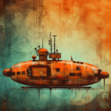 an orange submarine rests in the vibrant blue sky, showcasing elements of digital neo-expressionism and steampunk. the artwork features atmospheric color washes, intricate detailing, spatial composition, and influences from mende art, resulting in a patinated and oxidized aesthetic. ai generatedの素材