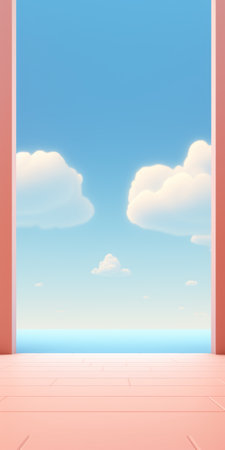 a stunning 32k uhd photograph of an open door leading to a breathtaking beach scene with atmospheric clouds in the sky. the red floor of the bedroom contrasts beautifully with the light amber and sky-blue hues of the transparent/translucent medium. the style of the image is simple yet colorful, reminiscent of the works of temmie chang and charles sp, ai generatedの素材