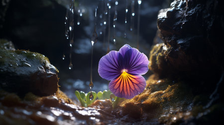 "hyper-realistic purple flower in a waterfall, captured with childlike wonder. this miniaturecore masterpiece, resembling unreal engine renderings, showcases the beauty of nature. adorned with raindrops, it exudes a naturalistic charm in light navy and light amber hues.", ai generatedの素材