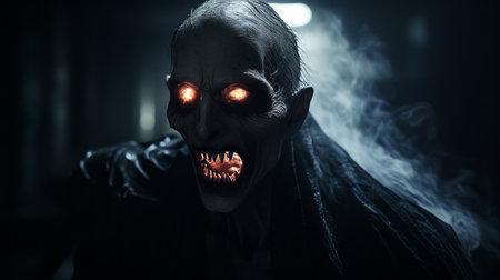 the scary demonic ghost in this hd desktop wallpaper (1920x1080) is rendered in the style of unreal engine, creating a realistic depiction of light and shadow. the close-up intensity of the image, created by the solarizing master ferdinand knab, plays with light and shadow in a hauntingly beautiful way. ai generatedの素材