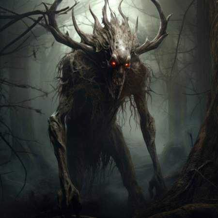 a terrifying dewy creature lurks in the depths of a dark forest. this detailed character design by worthington whittredge showcases a dark gray and bronze color palette. with elements of supernatural creatures and fawncore, this iconic image captures a sense of suburban ennui. ai generatedの素材