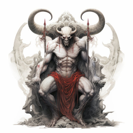 a demonic devil sits on a throne in this realistic landscape image. the character design is detailed, with strong facial expression and human anatomy. soft, tonal colors of dark white and light red create a symmetrical balance. this historical illustration is sure to captivate viewers searching for dark and eerie imagery. keywords: demonic devil, throne, realistic landscape, soft tonal colors, detailed character design, strong facialの素材