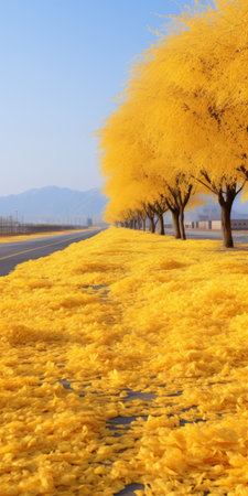 gingko boulevard in the morning dew, lined with golden carnation trees on both sides, creating a stunning yellow carpet on the ground. in the distance, a mountain range can be seen, while the ground is covered with fallen gingko leaves. this real-life capture of gingko trees is of ultra-high resolution, showcasing the beauty of nature. ai generatedの素材