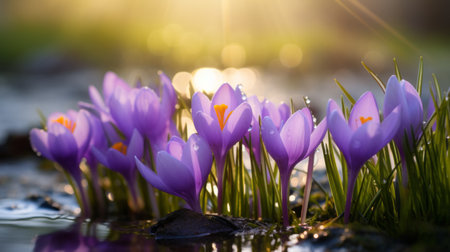 crocus flower gazes at the sun, resembling sparkling water reflections. dimitry roulland's vibrant color scheme and enchanting lighting create a soft-focus, uhd image with selective focus. ai generatedの素材
