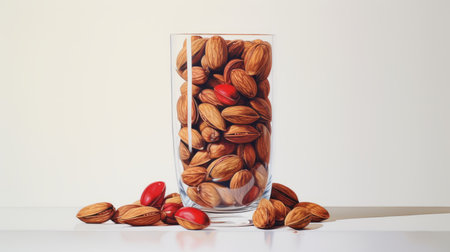 acrylic painting of pecan in a vase, red and gold, minimalist, high resolution, realistic muted colors, clean lines, detailed, flat color, super-realistic, attention to detail, white background, vashti harrison. ai generatedの素材