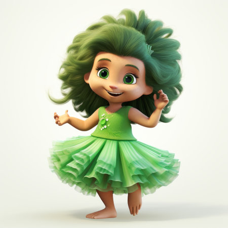 a fluffy and adorable porcupine, resembling a 10-year-old girl, is captured in this vibrant illustration. with brilliant green eyes and a cute face, she wears a bright green dress and shoes from the 1920s. laughing joyfully and waving her arms, this pixar-style character brings life to a children's book. the white background adds a cinematic touch to this 4k artwork, creating a captivating visual experience.の素材