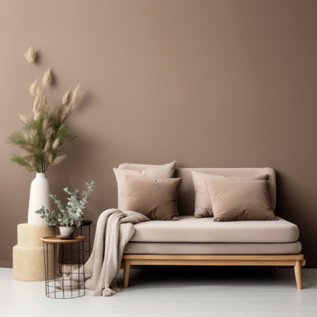 beige sofa on wooden floor in neutral room isolated on white background 3d rendering. moody and evocative color palettes like pink and brown, nature-inspired pieces, and monochromatic palettes are perfect for this setting. the dark beige and brown hues of the sofa complement the matte background, while romantic colors add a touch of elegance to the overall look. ai generatedの素材
