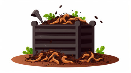 compost bin with plants and vegetables in aggressive digital illustration style. black, figura serpentinata, soggy, made of insects, rectangular fields, and dusty piles. ai generatedの素材