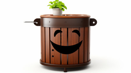 plastic trash can with a smiling face, wood style, herb trimpe, rim light, functional aesthetics, havencore, lively tableaus, basil gogos. ai generatedの素材