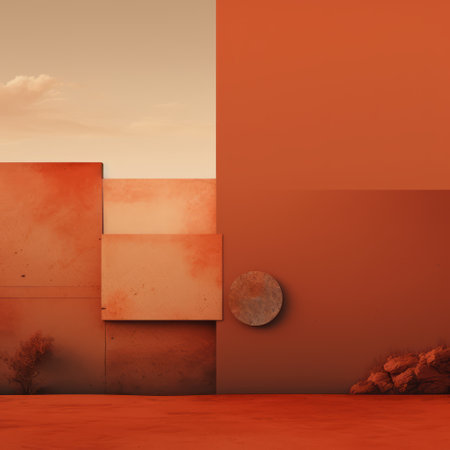 a computer animated wallpaper featuring textured red walls, inspired by sculptural landscapes and terracotta. this photo-realistic composition showcases a vibrant color splash, capturing the essence of minimalist photography. the desertwave aesthetic is enhanced through the juxtaposition of various objects, creating a visually captivating scene. ai generatedの素材