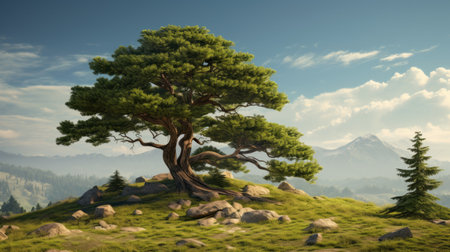 a lone tree stands tall on top of a mountain, captured in the style of daz3d with organic nature-inspired forms. this ultra-high-definition image evokes the essence of storybook illustrations and the tranquil gardenscapes depicted by asher brown durand, offering a nature-inspired visual treat. ai generatedの素材