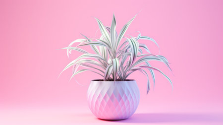 a stunning 3d rendered flat landscape showcases a vibrant plant in a pot on a pink background. the image features monochromatic symmetry with light silver and white tones, shallow depth of field, and bold chromaticity. the geometries are vibrant and crossed with hiroshi nagai's style, creating a unique and eye-catching image. ai generatedの素材