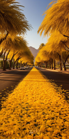 autumn gingko boulevard with golden-colored palm trees lining both sides of the road. the ground is covered in yellow palm biloba leaves, creating a picturesque scene. in the distance, a mountain adds to the scenic view. this real shooting captures the beauty of the palm biloba trees in ultra-high resolution. ai generatedの素材