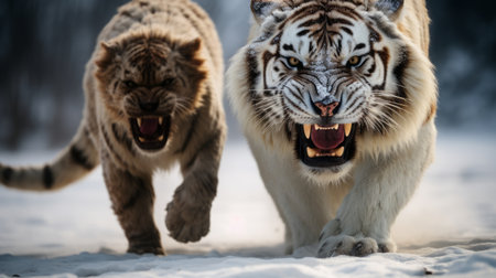 arctic wolf vs siberian tiger, canon 300 mm f: 2. 8 lens, hyperrealistic photography, national geographic style, ultra fine details, blurred background, sharp focus, realistic legs, paws, tail, high sharpness, facial symmetry, cinematic, color grading, stormy sky, professional lighting, global illumination, ray tracing, ambient occlusion, cgi, vfx, sfx, hypermaximalist, 30-megapixel camera. ai generatedの素材