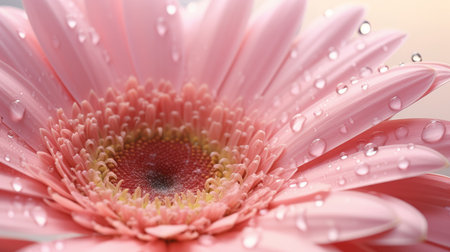 pink daisy with water droplets, captured in a realistic and hyper-detailed style. the photograph showcases a soft and dreamy atmosphere, enhanced by the tokina opera 50mm f14 ff lens. this captivating image evokes emotions through its detail-oriented and matte finish, creating a mesmerizing photographic montage. ai generatedの素材