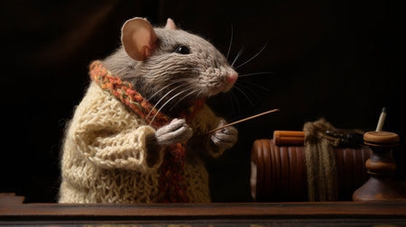 mouse with head on table in musical academia style | knitted and crocheted decor | tokina opera 50mm f1.4 ff lens | realistic and detailed rendering | uhd image capturing the art of burma | gray and amber tones, ai generatedの素材