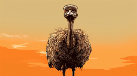 ostrich standing on the ground in a sunny setting, depicted in hyper-detailed illustrations with iconic pop culture caricatures. the dark beige and orange colors add a surrealistic horror painter vibe to the hauntingly beautiful 32k uhd image. ai generatedの素材