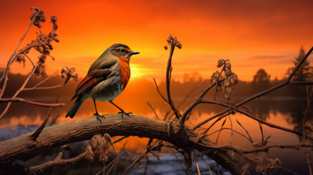 a robin perched on a branch, surrounded by vibrant colors of a breathtaking sunset. the intricate feather details of the bird are highlighted, creating a stunning image that captures the beauty of nature. hdr photography techniques enhance the lighting, resulting in a dynamic composition that mesmerizes the viewer. ai generatedの素材