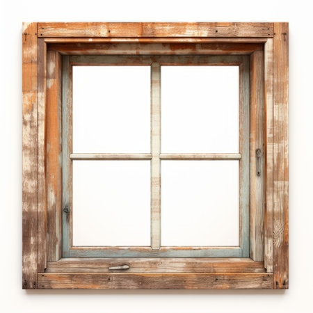 old wood window with cracked hinged sash, showcasing realistic usage of light and color. this recycled piece exudes a cabincore vibe with its patinated and oxidized finish. the american mid-century design adds to its charm while the quadratura technique used in the painting enhances its visual appeal. perfect for use as a lightbox. keywords: old wood window, cracked hinged sash, realistic usage, recycled, cabincore, patinated,の素材