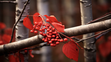 leaves in the style of berrypunk and forestpunk, with photorealistic detail and stark honesty. this autumn photo captures the joyful celebration of nature with its vibrant red hues. a perfect natural wallpaper inspired by the new american color photography movement and the work of vladimir tatlin. ai generatedの素材