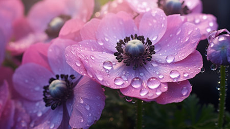 purple flowers glisten with water droplets in this 8k resolution photograph. the pre-raphaelite style captures the beauty of nature with its light black and pink hues. the image showcases a blend of light pink and aquamarine tones, creating a visually stunning and environmentally aware composition. the dramatic shading adds depth and intensity to the overall aesthetic. ai generatedの素材
