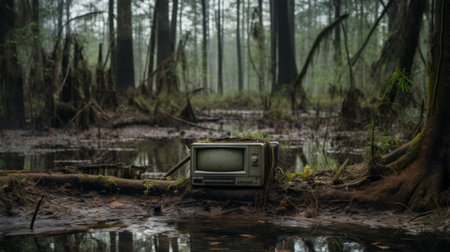 a tv sits amidst the swamp, enveloped by trees, in a found object composition style. this gloomy metropolis-inspired photograph captures the essence of staged photography and the charm of the southern countryside. with a touch of lowbrow aesthetics and rtx on, it presents photographically detailed portraitures. ai generatedの素材