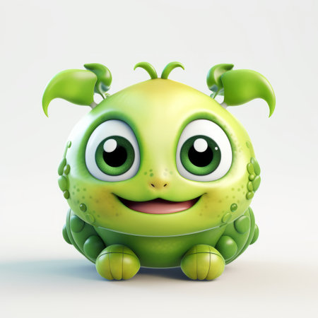 the green toy creature with a big body and a mouth, in the style of vray tracing, is a cute and colorful addition to any website. its distinctive character design features rounded shapes and soft gradients, making it stand out. made of insects, this unique toy brings a playful touch to your collection. ai generatedの素材