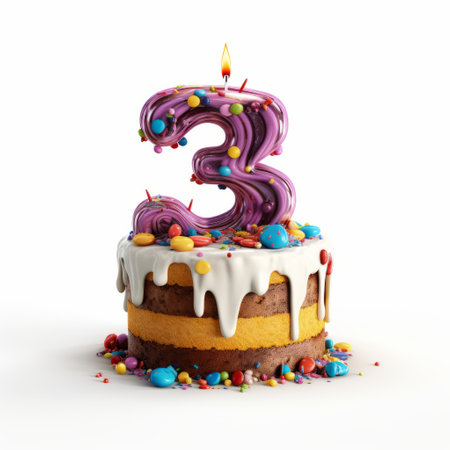 chocolate cake with a pink and blue icing number three, in a playful light purple and amber style. the installation by oliver wetter features bright glazes and a whimsical touch reminiscent of carl barks' happenings. ai generatedの素材