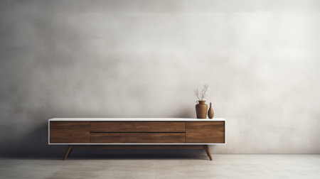 neutral color and solid wood furniture 3d rendering with a polished concrete style. the matte background and monochrome toning create a minimalist purity. this midcentury modern piece, inspired by the 1970s to the present, features a combination of dark bronze and white elements. ai generatedの素材