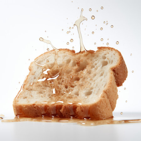 a slice of bread with water droplets is the focal point of this photograph, captured in the style of mike campau and mark lague. the motion blur adds a dynamic element to the meticulous detailing, while the sparse and simple composition draws the viewer's attention to the bread. the poured water, reminiscent of do ho suh's work, ai generatedの素材