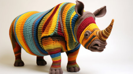 a standing crochet rhino sculpture, in bold colorful lines, depicts a hyperrealistic wildlife portrait. this creative commons attribution artwork showcases repetitive color stripes and captures the warmcore essence of animals. ai generatedの素材