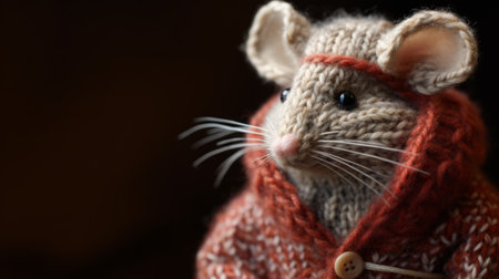 a small mouse, knitted and crocheted in exquisite detail, sits on a table. captured with the tokina opera 50mm f/1.4 ff lens, this photograph showcases the intricate clothing and realistic hyper-detail of the mouse. the light amber and red tones add depth to the detailed portraiture, beautifully rendered in maya. ai generatedの素材