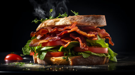 blt food photography with award-winning styling and magazine-worthy presentation. shot on a 25mm lens with dramatic lighting and italian food styling. the image showcases a dark backdrop and intricate details with ultra-detailed and high-resolution cgi. the photo features a dynamic pose and elegant composition, with stunning depth of field and tilt blur effects. ai generatedの素材