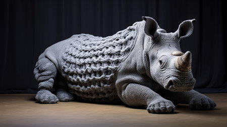 a rhino stands in a dark room, showcasing a knitted and crocheted style. the traditional techniques are reimagined, creating tactile surfaces. the 3d effect brings chilling creatures to life in the angura kei style, with a slumped and draped appearance. ai generatedの素材