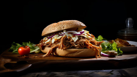 pulled pork food photography with award-winning styling and magazine-like composition. captured on a 25mm lens, the image showcases a dark backdrop and italian-inspired food styling. the depth of field, tilt blur, and dramatic lighting create an elegant and dynamic pose. with ultra-detailed and intricate details, this high-resolution photo is a feast for the eyes. ai generatedの素材
