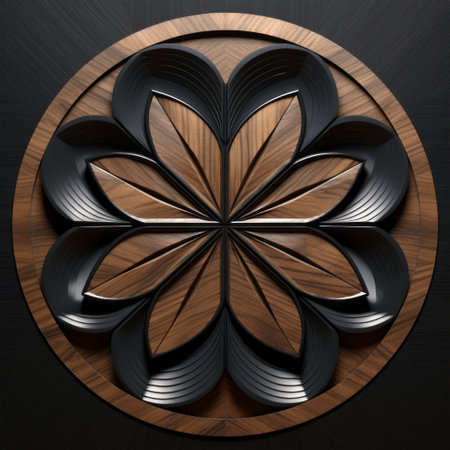 the black metal and wood leaves create a balanced and layered 3d pattern, reminiscent of ancient chinese art. the tondo style design features luminous flower patterns, adding a touch of elegance to any space. ai generatedの素材
