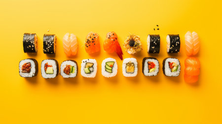 various cuts of sushi on a yellow background. sushi, color field minimalism, light gold, light amber, brightly colored, hallyu, aerial view, and softbox lighting emphasize feelings over reality. ai generatedの素材