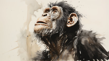 chimpanzee water painting on black paper, dustin nguyen style, florian nicolle influence, uhd image, mike deodato inspiration, arbeitsrat fur kunst, emotion over realism, asymmetrical framing. ai generatedの素材