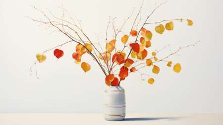 yellow vase with falling leaves, photorealistic rendering in vray. colorful arrangements of light white and light crimson leaves. concise brushwork techniques create a realistic rendering with light white and light orange hues. ai generatedの素材